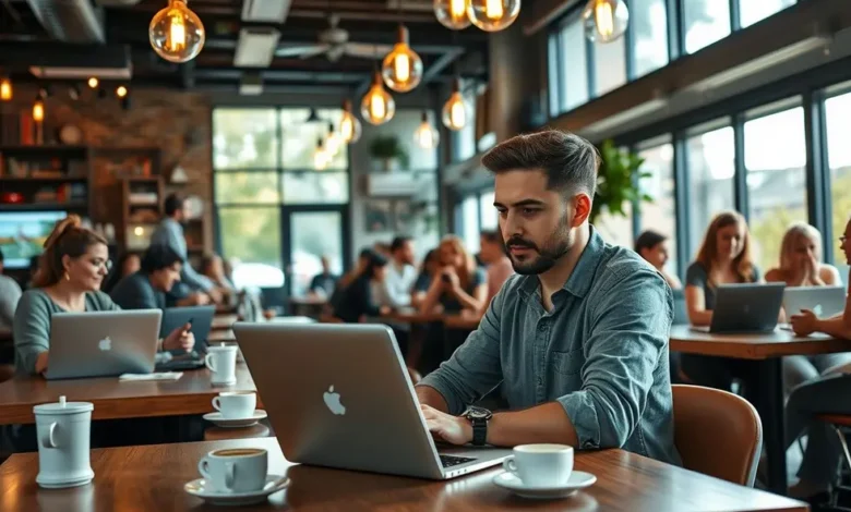 Freelancer trabalhando em um café, representando o empreendedorismo.
