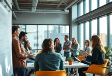 Grupo diverso de aspirantes a empreendedores discutindo ideias de negócios.