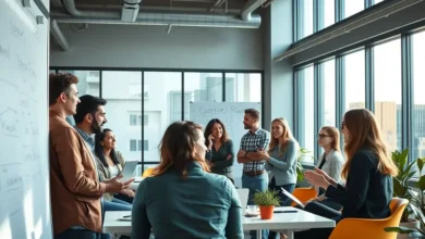 Grupo diverso de aspirantes a empreendedores discutindo ideias de negócios.