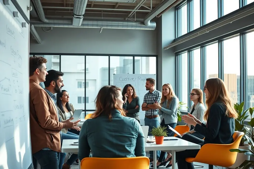 Grupo diverso de aspirantes a empreendedores discutindo ideias de negócios.
