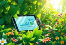 Imagem representativa de práticas de negócios sustentáveis envolvendo tecnologia e natureza.