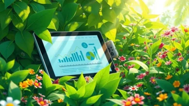 Imagem representativa de práticas de negócios sustentáveis envolvendo tecnologia e natureza.