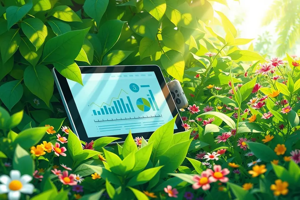 Imagem representativa de práticas de negócios sustentáveis envolvendo tecnologia e natureza.