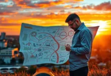 Empreendedor olhando um mapa, simbolizando a jornada de empreender.