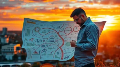 Empreendedor olhando um mapa, simbolizando a jornada de empreender.