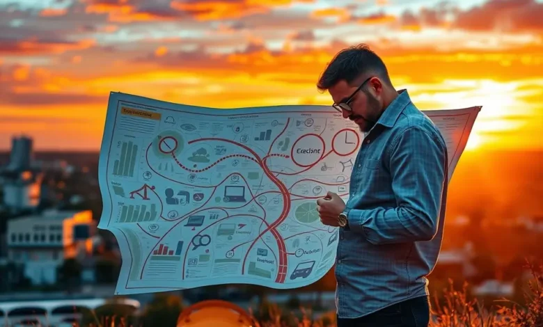 Empreendedor olhando um mapa, simbolizando a jornada de empreender.