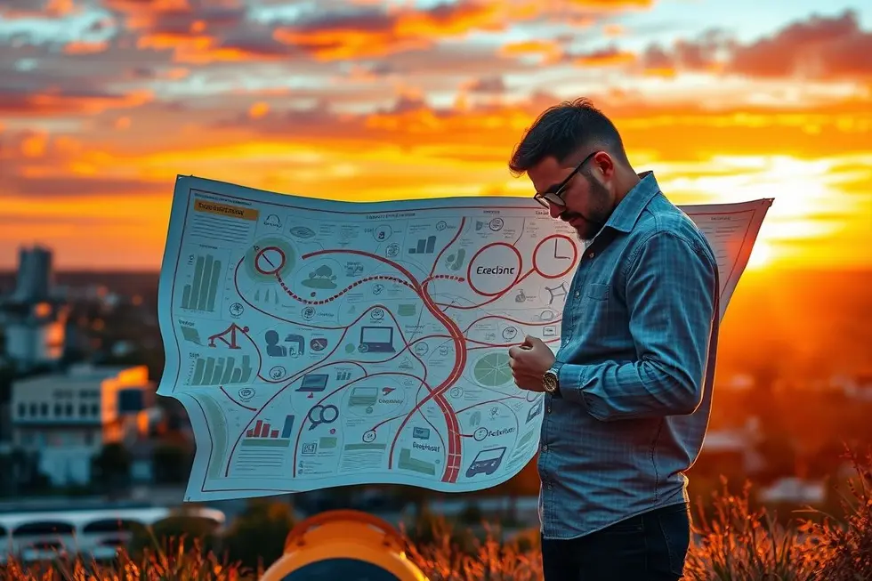 Empreendedor olhando um mapa, simbolizando a jornada de empreender.