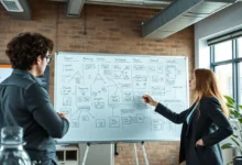 Equipe colaborativa em um ambiente de trabalho dinâmico discutindo estratégias.