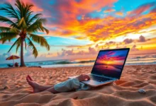 Nômade digital trabalhando na praia ao pôr do sol.