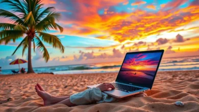 Nômade digital trabalhando na praia ao pôr do sol.