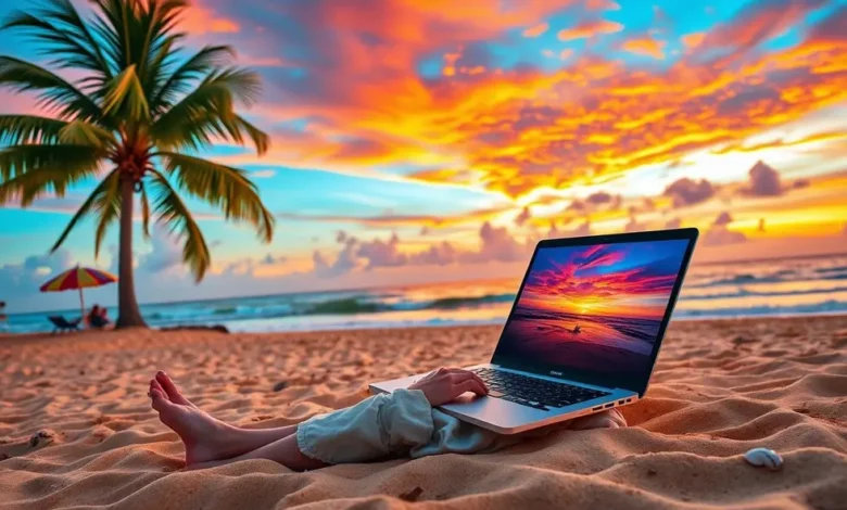 7 Passos para se Tornar um Nômade Digital e Empreender pelo Mundo - Web Nômade Digital Nômade digital trabalhando na praia ao pôr do sol.
