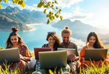 Grupo de empreendedores digitais trabalhando em cenários naturais variados.