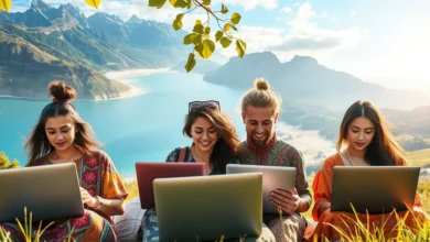 Grupo de empreendedores digitais trabalhando em cenários naturais variados.