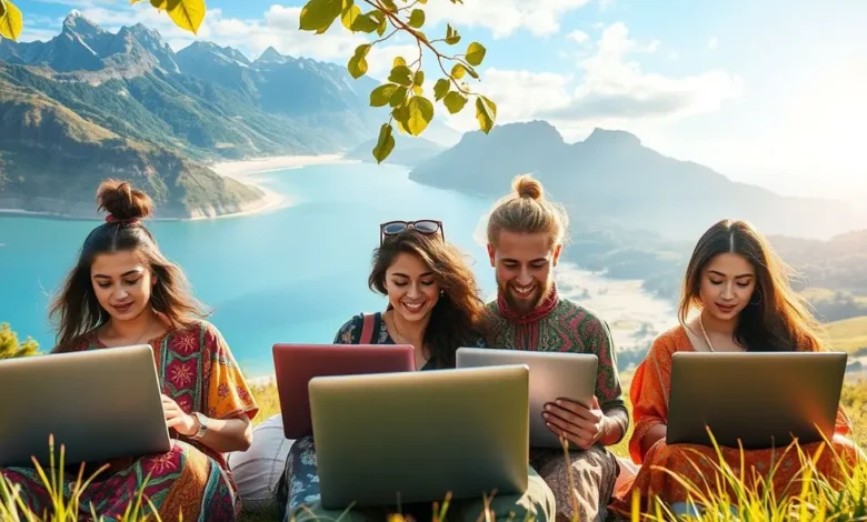 7 Estratégias Práticas para Empreender como Nômade Digital - Web Nômade Digital Grupo de empreendedores digitais trabalhando em cenários naturais variados.