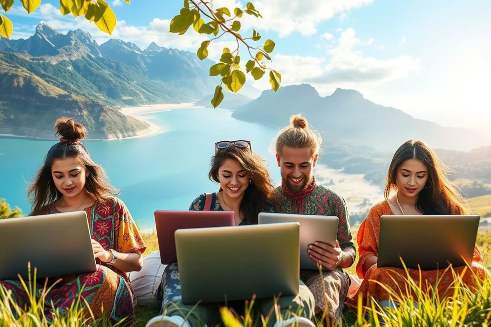 Grupo de empreendedores digitais trabalhando em cenários naturais variados.