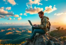 Nômade digital trabalhando em uma paisagem de montanha.