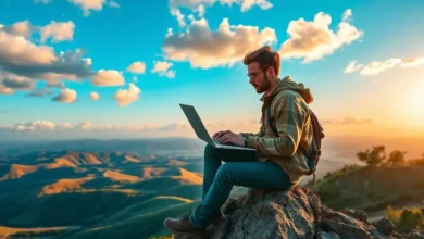 Nômade digital trabalhando em uma paisagem de montanha.