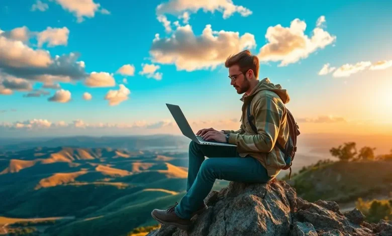 7 Estratégias de Gestão Estratégica para Nômades Digitais Lucrativos - Web Nômade Digital Nômade digital trabalhando em uma paisagem de montanha.