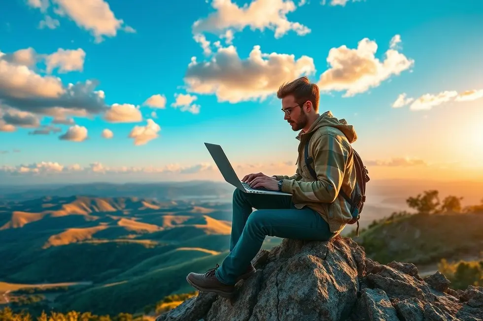 Nômade digital trabalhando em uma paisagem de montanha.