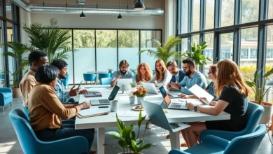 Diversos empreendedores discutindo em um espaço de coworking.
