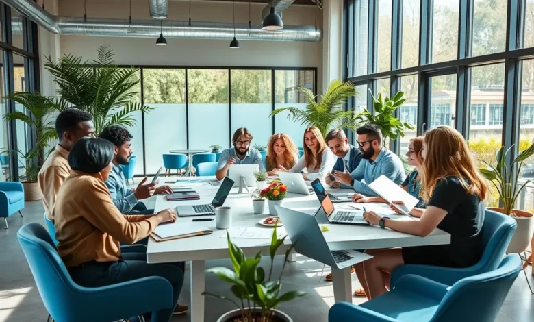 7 Estratégias Poderosas para Aumentar a Lucratividade da Sua Empresa - Web Nômade Digital Diversos empreendedores discutindo em um espaço de coworking.
