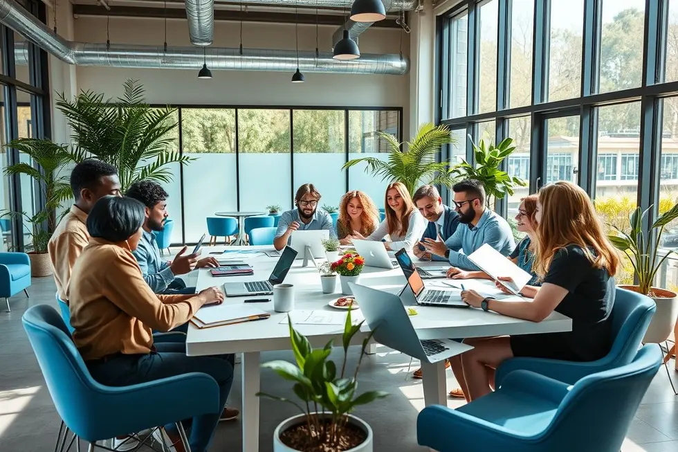 Diversos empreendedores discutindo em um espaço de coworking.