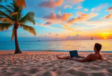 Vista inspiradora de um nômade digital ao entardecer.