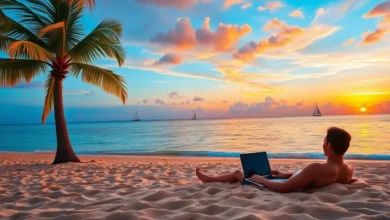 Vista inspiradora de um nômade digital ao entardecer.