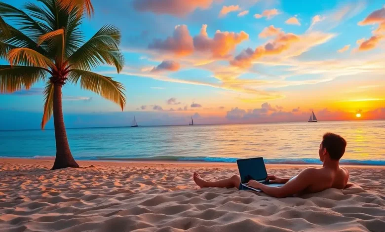 Vista inspiradora de um nômade digital ao entardecer.