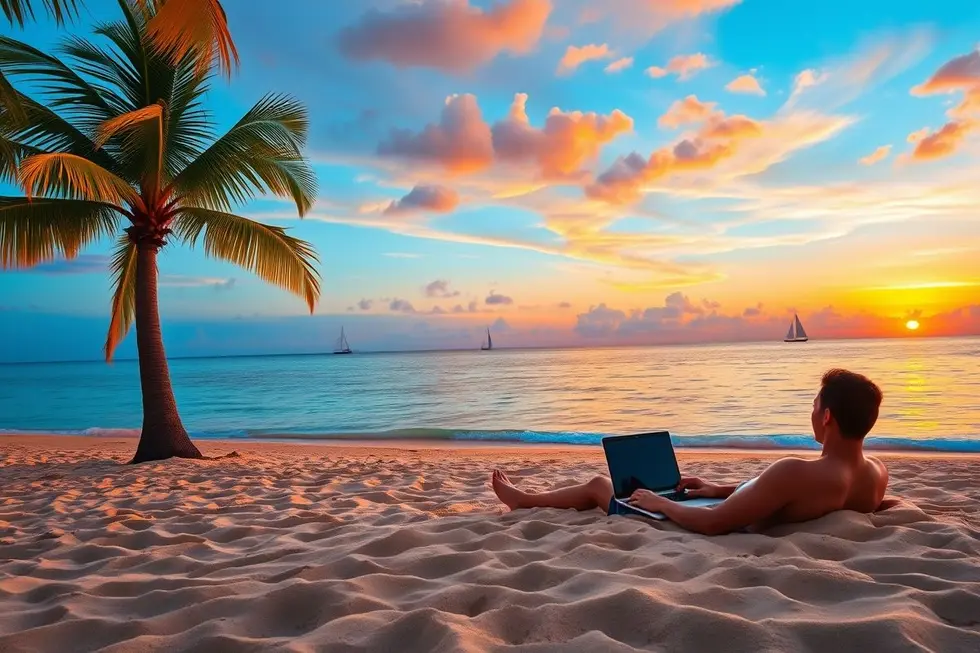 Vista inspiradora de um nômade digital ao entardecer.