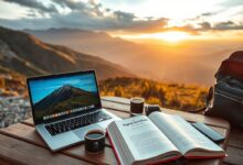 Nômade digital trabalhando ao ar livre com livros sobre estilo de vida remoto