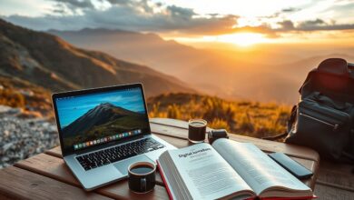 Nômade digital trabalhando ao ar livre com livros sobre estilo de vida remoto