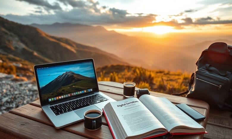 Nômade digital trabalhando ao ar livre com livros sobre estilo de vida remoto