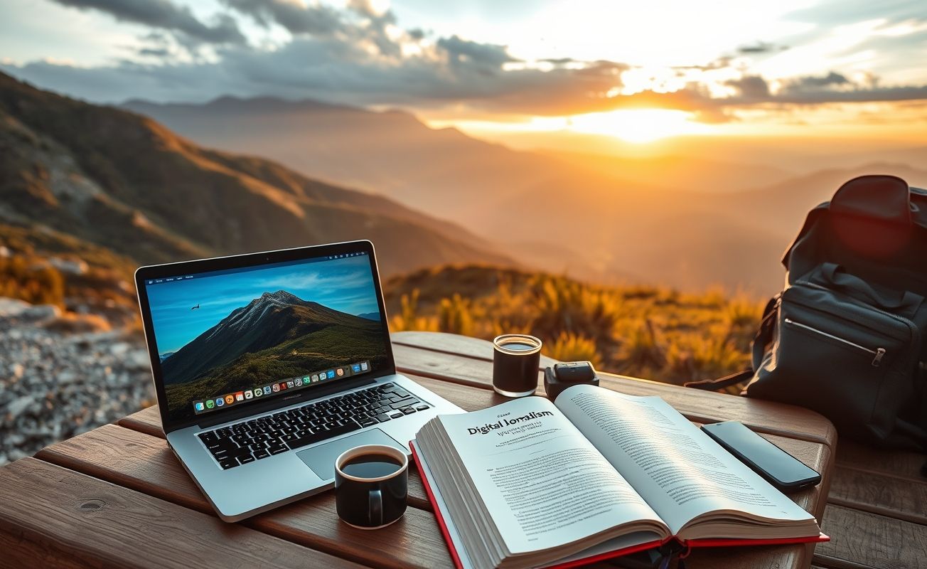 Nômade digital trabalhando ao ar livre com livros sobre estilo de vida remoto