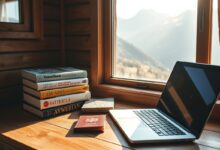 Livros sobre nomadismo digital em mesa de trabalho remoto