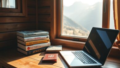 Livros sobre nomadismo digital em mesa de trabalho remoto