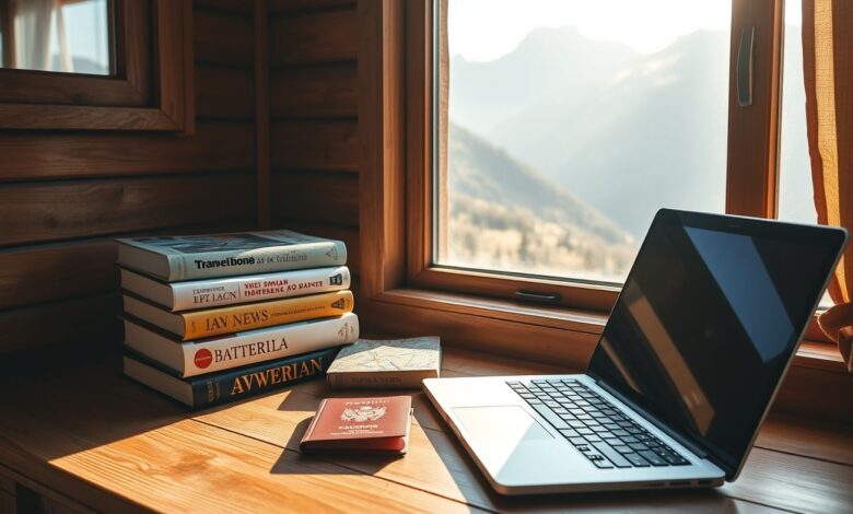 Livros sobre nomadismo digital em mesa de trabalho remoto