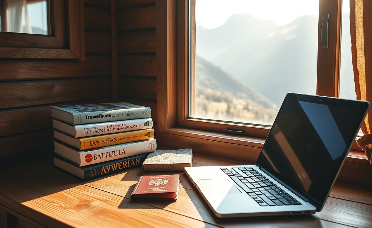 Livros sobre nomadismo digital em mesa de trabalho remoto