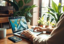 Nômade digital trabalhando remotamente com aplicativos úteis