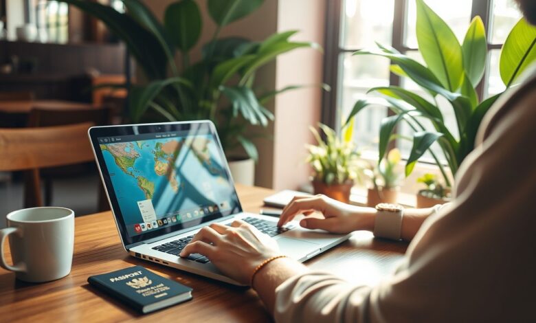 Melhores Apps para Nômades em 2025: Organização, Trabalho e Viagem na Palma da Mão - Web Nômade Digital Nômade digital trabalhando remotamente com aplicativos úteis