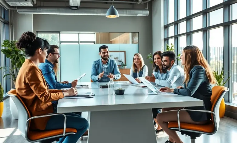 Empreendedores em um ambiente de mentoria inspirador.