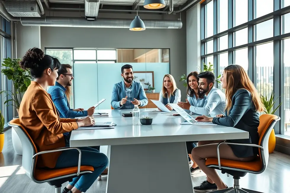 Empreendedores em um ambiente de mentoria inspirador.