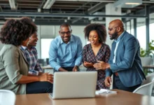 Grupo diverso de mentores e mentorados colaborando em um ambiente moderno.