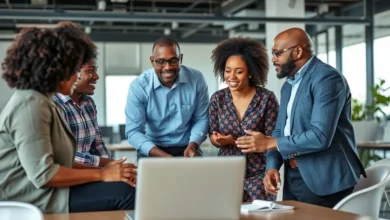 Grupo diverso de mentores e mentorados colaborando em um ambiente moderno.