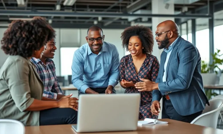 7 Passos para Estruturar um Programa de Mentoria Eficiente - Web Nômade Digital Grupo diverso de mentores e mentorados colaborando em um ambiente moderno.