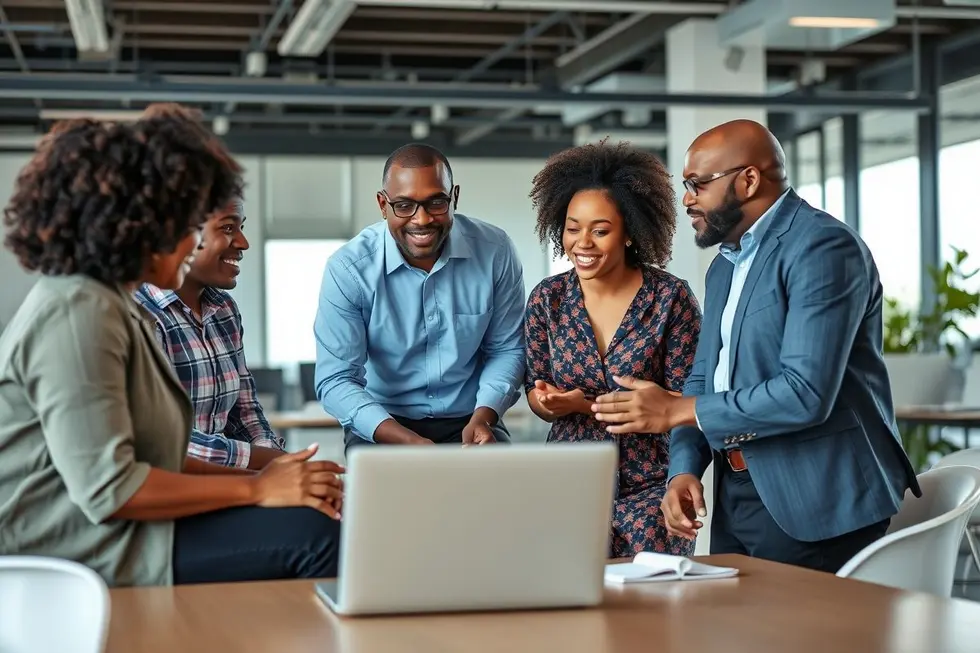 Grupo diverso de mentores e mentorados colaborando em um ambiente moderno.