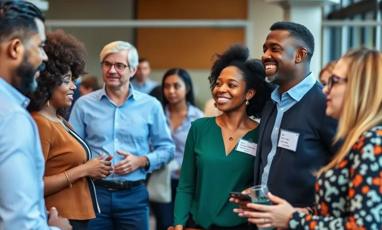 7 Estratégias de Mentoria Empresarial para Impulsionar Carreiras - Web Nômade Digital Profissionais diversos interagindo durante um evento de mentoria.