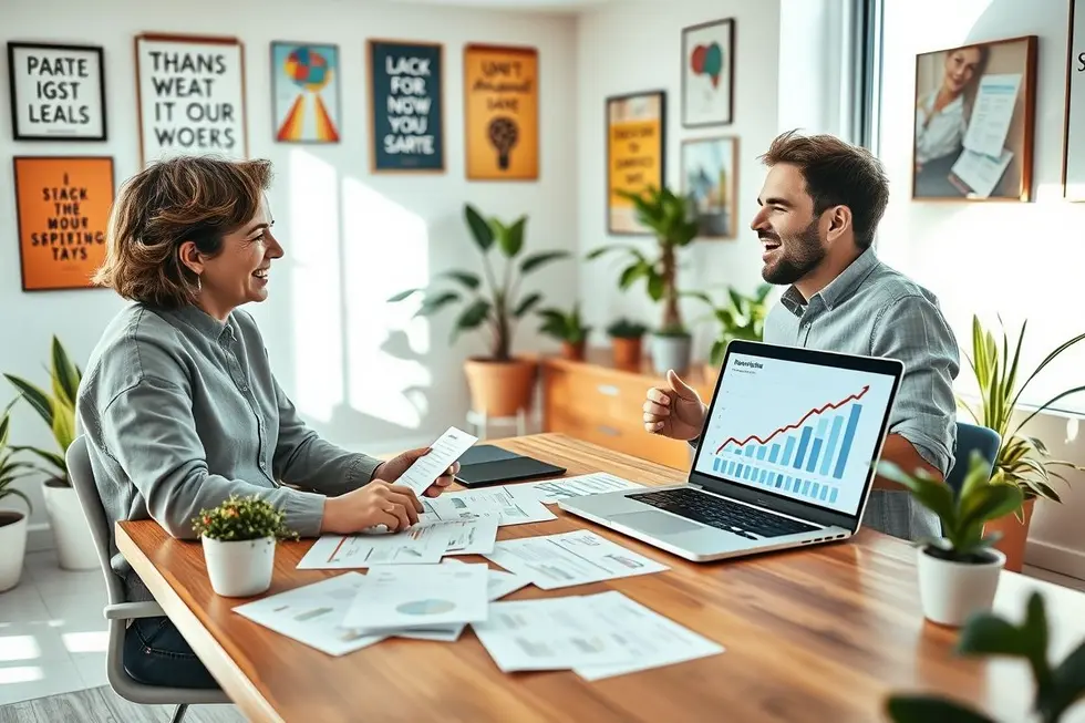 Mentor e mentorado discutindo objetivos em um ambiente profissional