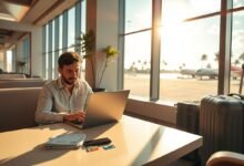 Nômade digital trabalhando remoto em aeroporto usando milhas