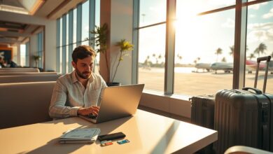 Nômade digital trabalhando remoto em aeroporto usando milhas